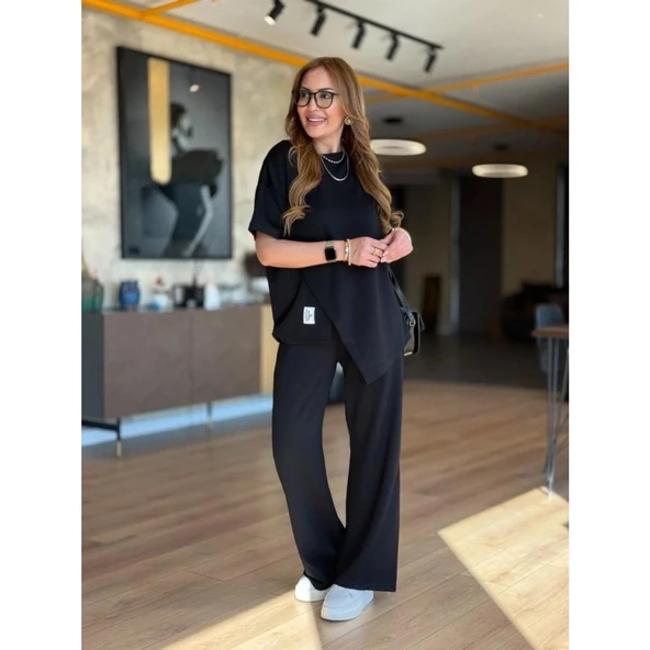 Lucky Life Kadın Kısa Kollu Bisiklet Yaka Asimetrik Viskon Iki Iplik Bluz Ve Pantolon Ikili Takım - 3