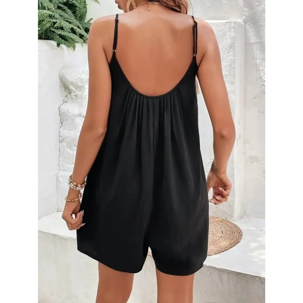 Lucky Life Kadın Ip Askılı Yuvarlak Yakalı Pileli Viskon Tulum - Resim 3