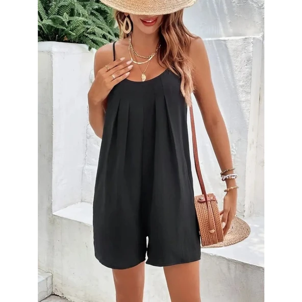 Lucky Life Kadın Ip Askılı Yuvarlak Yakalı Pileli Viskon Tulum - Resim 5