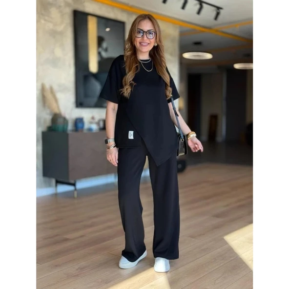 Lucky Life Kadın Kısa Kollu Bisiklet Yaka Asimetrik Viskon Iki Iplik Bluz Ve Pantolon Ikili Takım