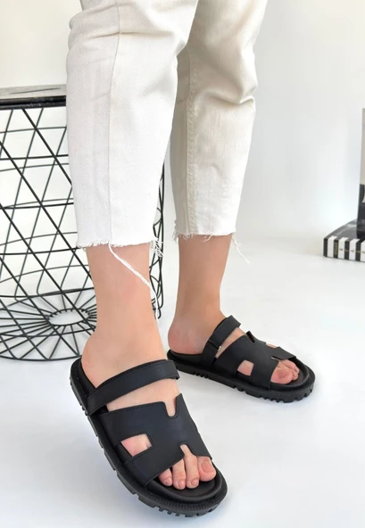 Pabucmarketi Siyah Nubuk Kadın Düz Terlik - Resim 2