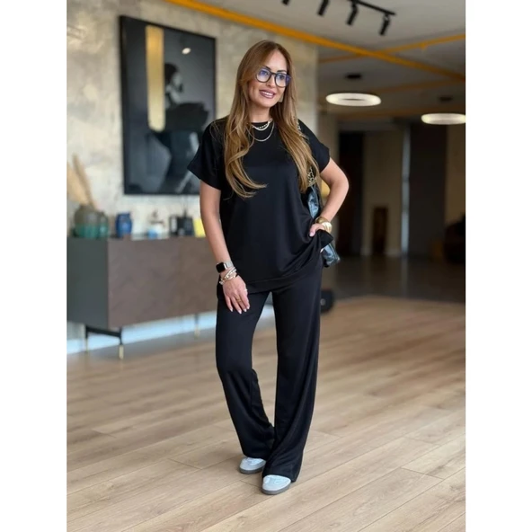 Lucky Life Kadın Kısa Kollu Bisiklet Yaka Viskon Iki Iplik Bluz Ve Pantolon Ikili Takım - 2