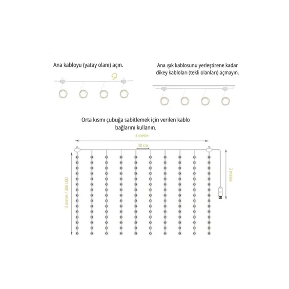 Lw-7 300 Ledli 10 Sarkıt Perde Led Işık, 8 Modlu Uzaktan Kumandalı, 3x3 Metre Peri Telli Led - 3