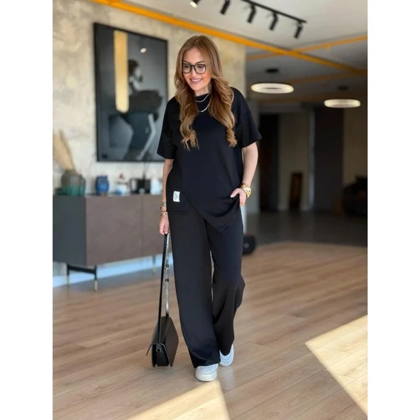 Lucky Life Kadın Kısa Kollu Bisiklet Yaka Asimetrik Viskon Iki Iplik Bluz Ve Pantolon Ikili Takım - 2