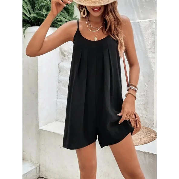 Lucky Life Kadın Ip Askılı Yuvarlak Yakalı Pileli Viskon Tulum ürün görseli 1