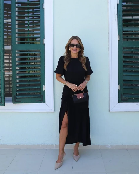 Lucky Life Kadın Kısa Kollu Bisiklet Yakalı Yandan Yırtmaçlı Büzgülü Janjan Krep Elbise - Resim 7