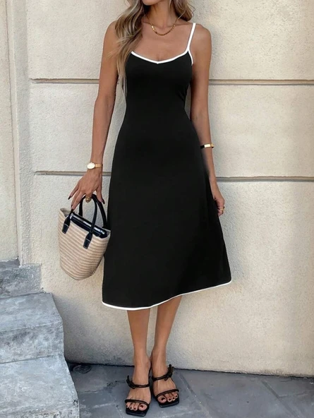 Lucky Life Kadın Ip Askılı Geniş V Yakalı Midi Janjan Krep Elbise - Resim 2