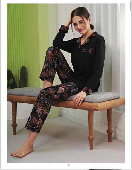 Miss Klein Kadın Büyük Beden Gömlek Yaka Pamuklu Likralı Kısa Kol Pijama Takımı 1136 - 1 Adet  Siyah 3XL ürün görseli