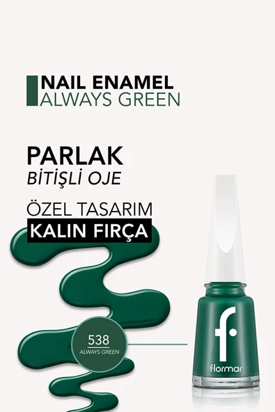 Klasik Parlak Bitişli Yüksek Pigmentli Oje - Nail Enamel -538 Always Green- 8682536047814 - 5