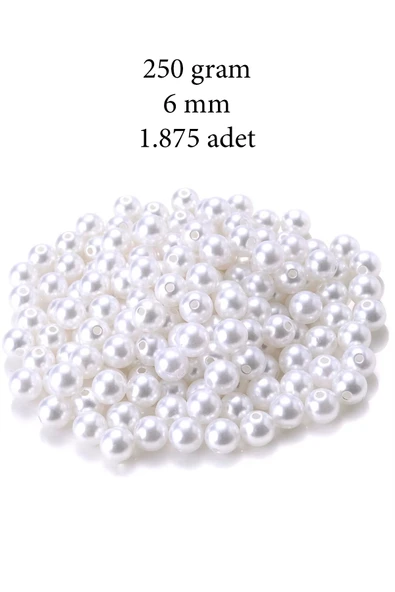250 gram 6mm Beyaz Renk Plastik İnci Boncuk Çanta ve Takı Yapım Boncuğu (~1.875 adet)