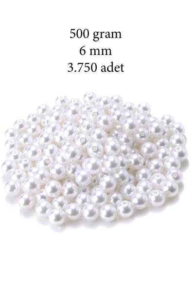 500 gram 6mm Beyaz Renk Plastik İnci Boncuk Çanta ve Takı Yapım Boncuğu (~3.750 adet)