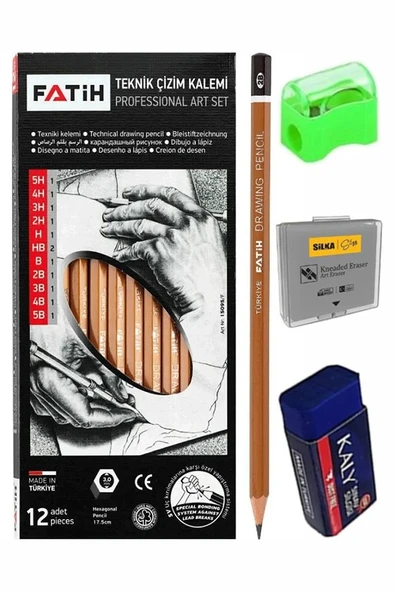 Teknik Çizim Kalemi 12 li 1 Paket Fatih Dereceli Kalem Seti Kalemtraş Hamur Silgi Eskiz Karakalem Yumuşak Ve Sert Uçlu