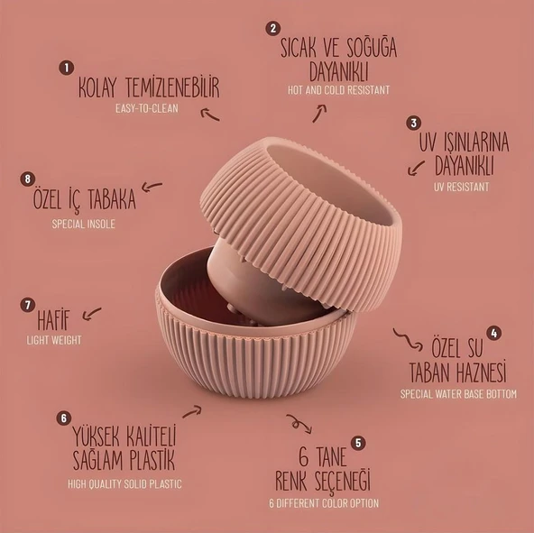 Omnipazar KRS Mercan Dekoratif Sukulent Kaktüs Plastik Saksı Takımı 5'li Set Soft Pembe - Resim 4