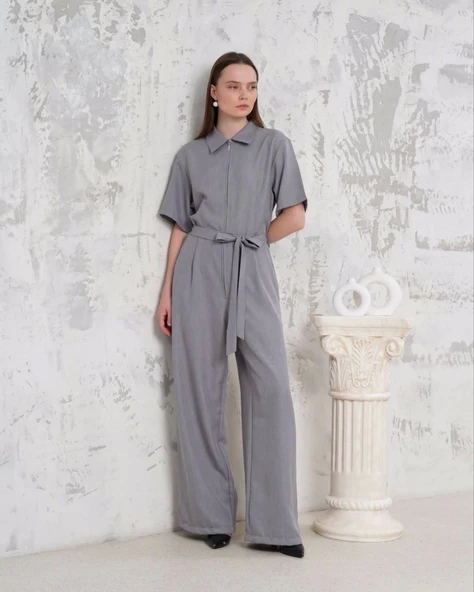 Kuşaklı gömlek yaka salaş tulum gri s255822 - 3