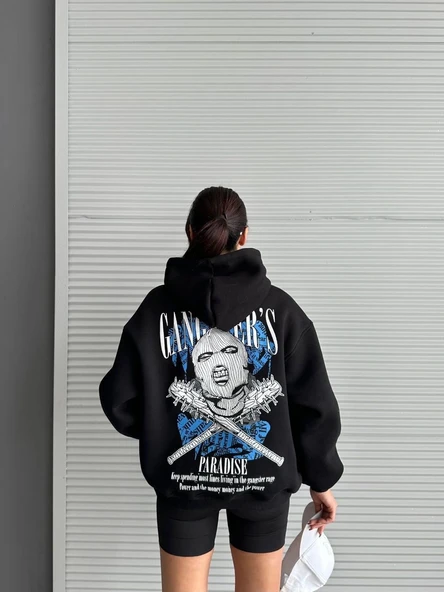 3 iplik şardonlu oversize kafa baskılı sweat siyah - 3