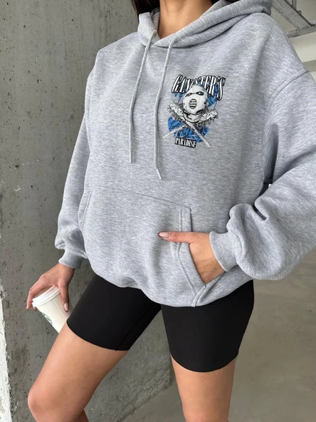 3 iplik şardonlu oversize compact kafa baskılı sweat gri