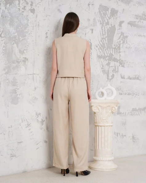 Broşlu yelek pantolon takım bej s255821 - 5