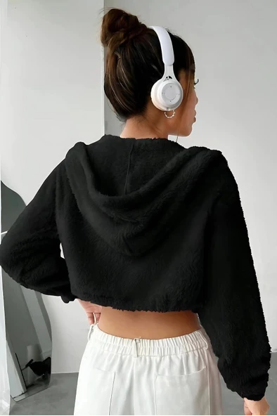 Peluş ceket kapşonlu siyah - 3