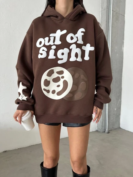 3 iplik şardonlu oversize compact out of baskılı sweat kahve - 2