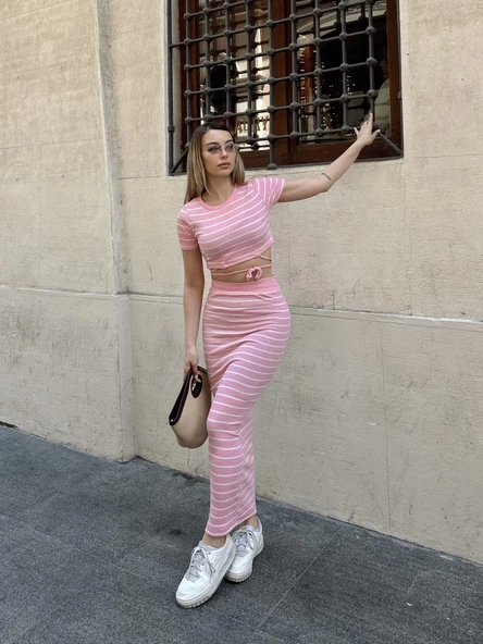 Çizgili etekli takım pembe s3609 - 7