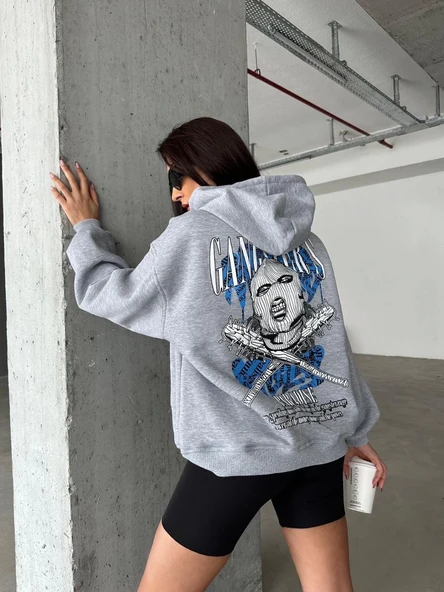 3 iplik şardonlu oversize kafa baskılı sweat gri - 4