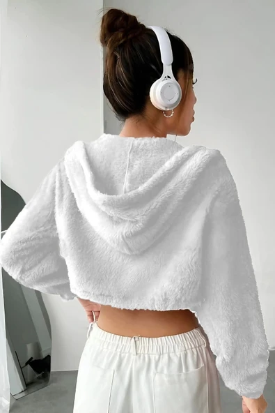 Peluş ceket kapşonlu beyaz - 2