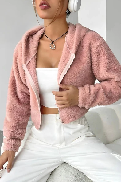 Peluş ceket kapşonlu pudra