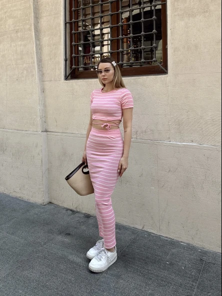 Çizgili etekli takım pembe s3609 - 6