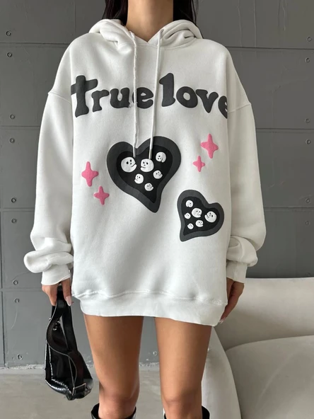3 iplik şardonlu oversize compact true baskılı sweat Beyaz - 4