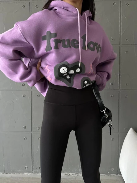 3 iplik şardonlu oversize compact true baskılı sweat mor - 2