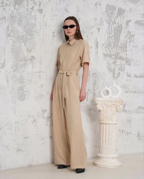 Kuşaklı gömlek yaka salaş tulum bej s255822 - 3