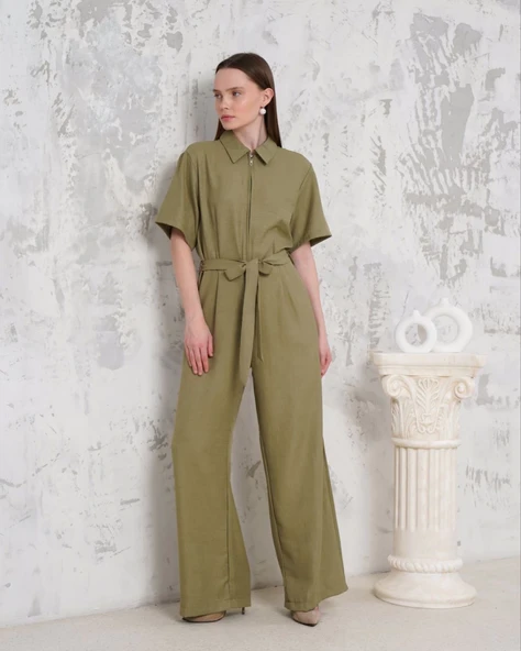 Kuşaklı gömlek yaka salaş tulum haki s255822 - 3