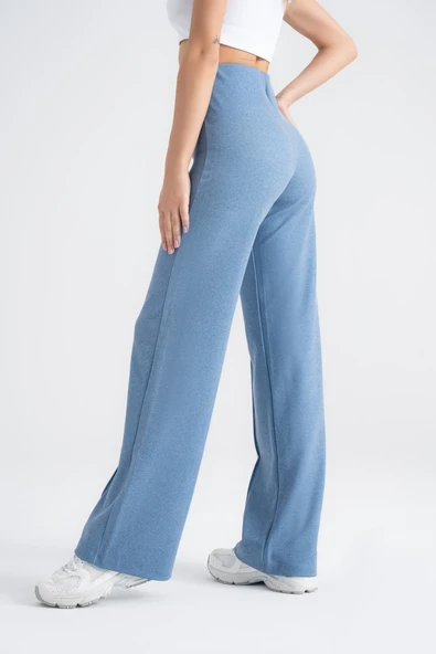 Kadın Boru Paça Tayt Nervürlü Denim Görünümlü Mavi Slim Fit, Günlük Konfor ve Şıklık - 8