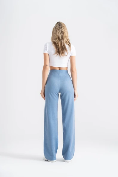 Kadın Boru Paça Tayt Nervürlü Denim Görünümlü Mavi Slim Fit, Günlük Konfor ve Şıklık - 7