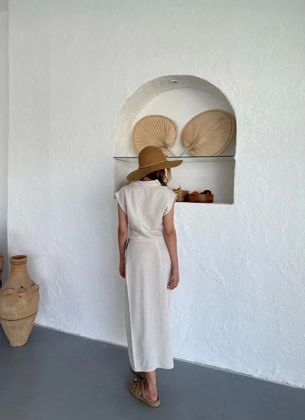 Uzun etekli bluz takım keten krem s255852 - 4