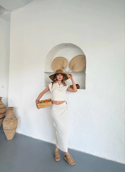 Uzun etekli bluz takım keten krem s255852 - 3