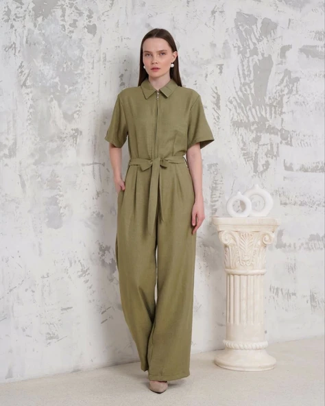 Kuşaklı gömlek yaka salaş tulum haki s255822 - 6