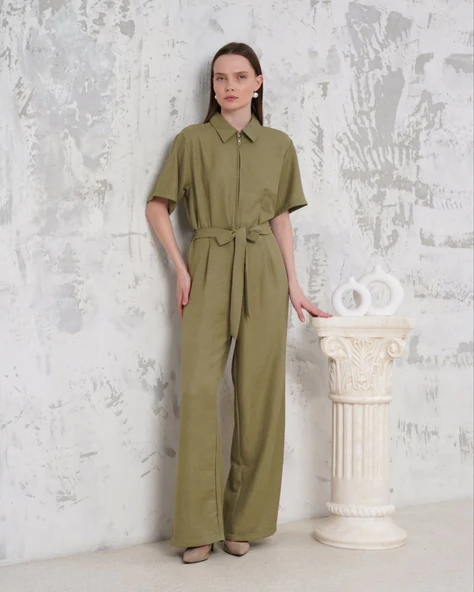 Kuşaklı gömlek yaka salaş tulum haki s255822