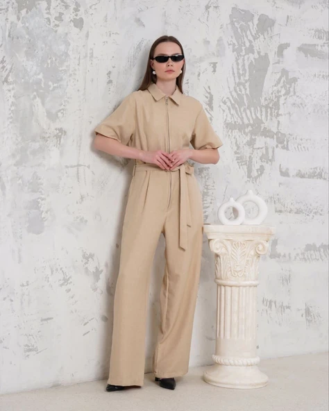 Kuşaklı gömlek yaka salaş tulum bej s255822