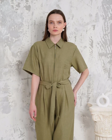 Kuşaklı gömlek yaka salaş tulum haki s255822 - 5