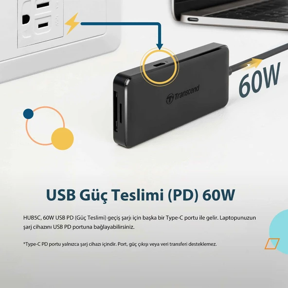 Transcend TS-HUB5C 2-Port Type-A,1-Port Type-C,1-Port PD,SD/MicroSD Gen 2 Type C HUB & Kart Okuyucu - Resim 5