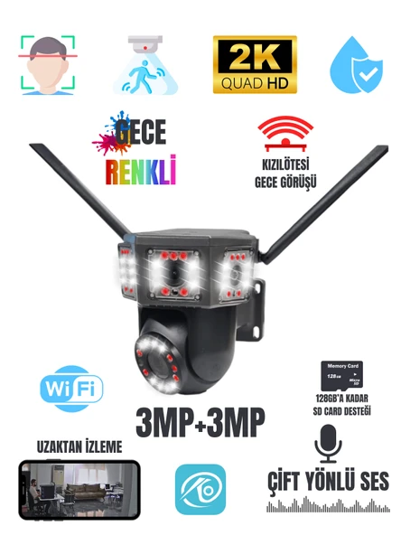 O-KAM 3+3MP Projektörlü Dual Lens WiFi Kamera Siyah Kasa Sirenli 355° Gece Renkli SD