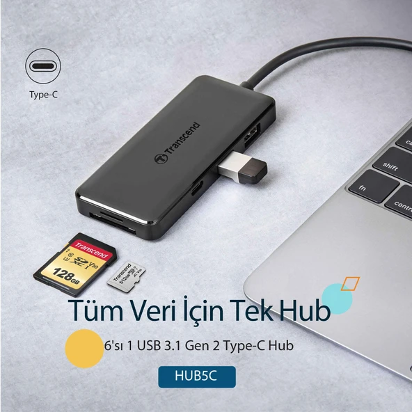 Transcend TS-HUB5C 2-Port Type-A,1-Port Type-C,1-Port PD,SD/MicroSD Gen 2 Type C HUB & Kart Okuyucu - Resim 2