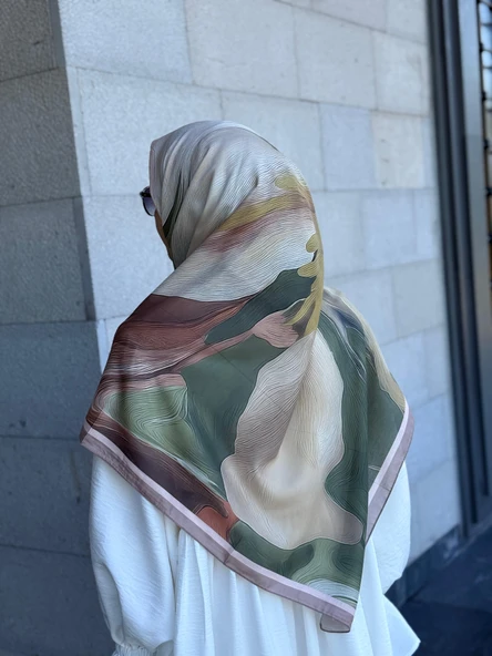 Pamuklu Amber Desen Eşarp-Haki/Krem - 5