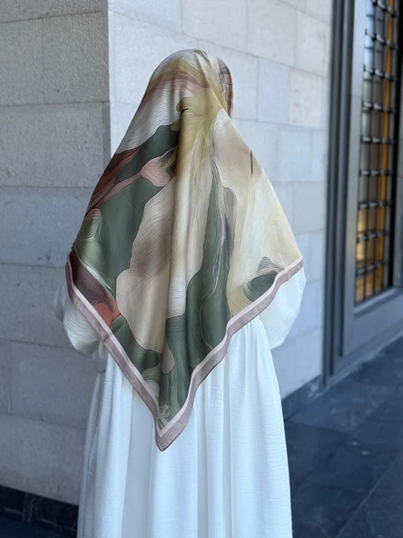 Pamuklu Amber Desen Eşarp-Haki/Krem - 2