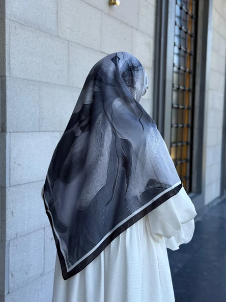 Pamuklu Amber Desen Eşarp-Siyah/Beyaz - 3