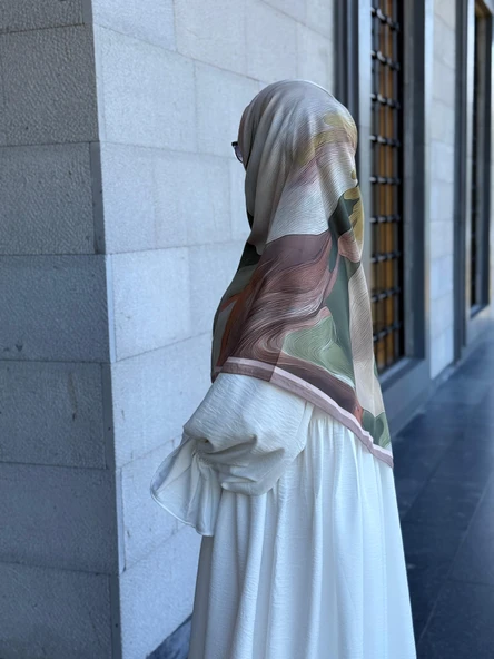 Pamuklu Amber Desen Eşarp-Haki/Krem