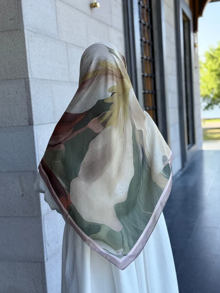 Pamuklu Amber Desen Eşarp-Haki/Krem - 4