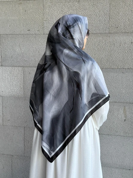 Pamuklu Amber Desen Eşarp-Siyah/Beyaz - 6