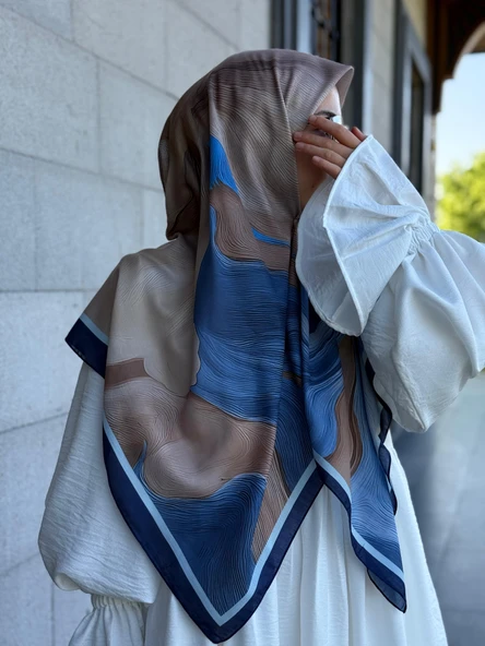 Pamuklu Amber Desen Eşarp-İndigo - 6